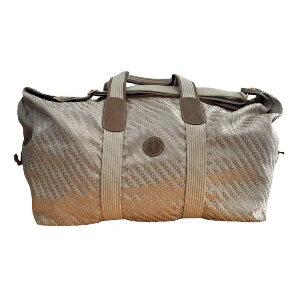 Vintage Cloth Brown Gucci Logo Print Duffle Travel Bag with Leather Handles